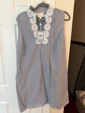 Sail to Sable Blue and White Striped Sleeveless Dress with Crochet Trim